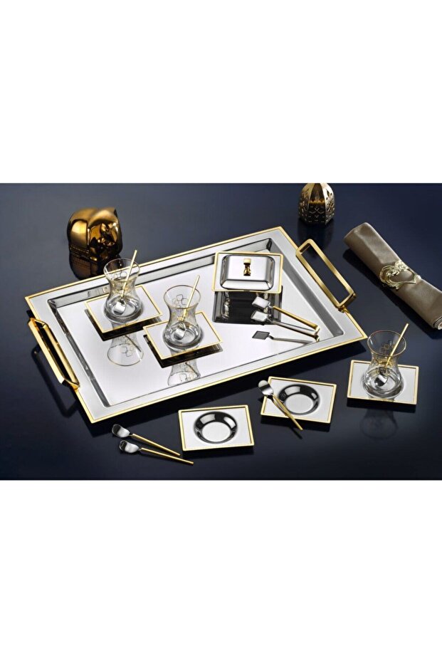 Oslo Steel Tea Set 18/10 Gold Plated Details Dowry Set for 12 People