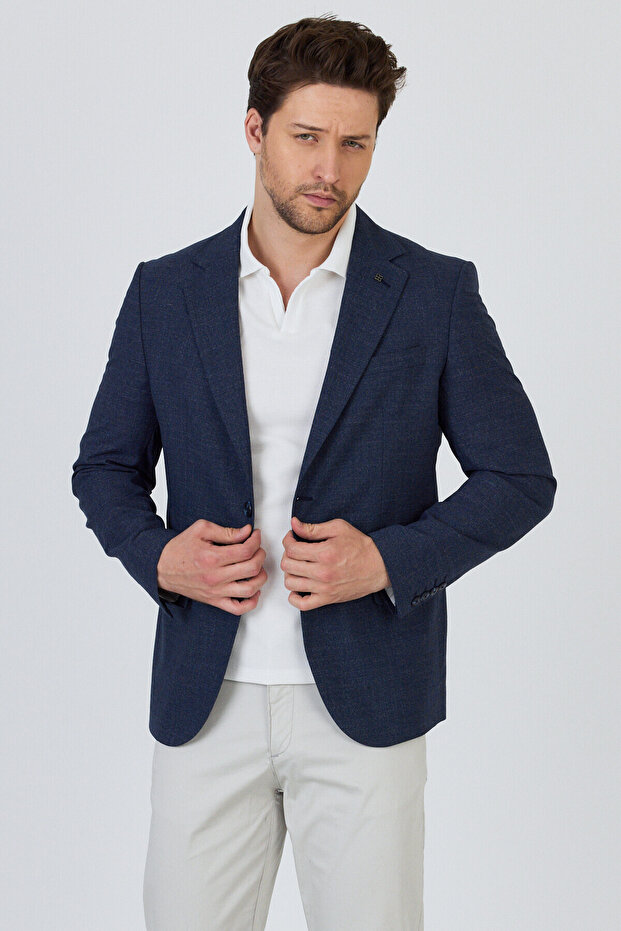 Tadic Men's Navy Blue Patterned Stretching Fabric Slim Fit Cover Pocket Half Lining 4 Season Blazer Jacket