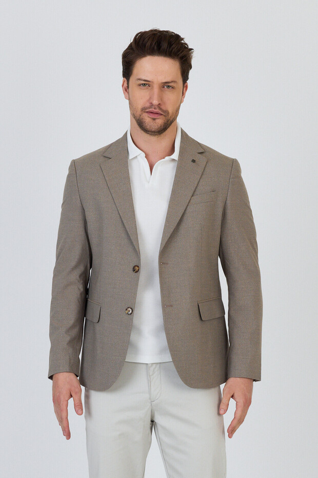 Tadic Men's Beige Patterned Stretching Fabric Slim Fit Cover Pocket Half Lining 4 Season Blazer Jacket