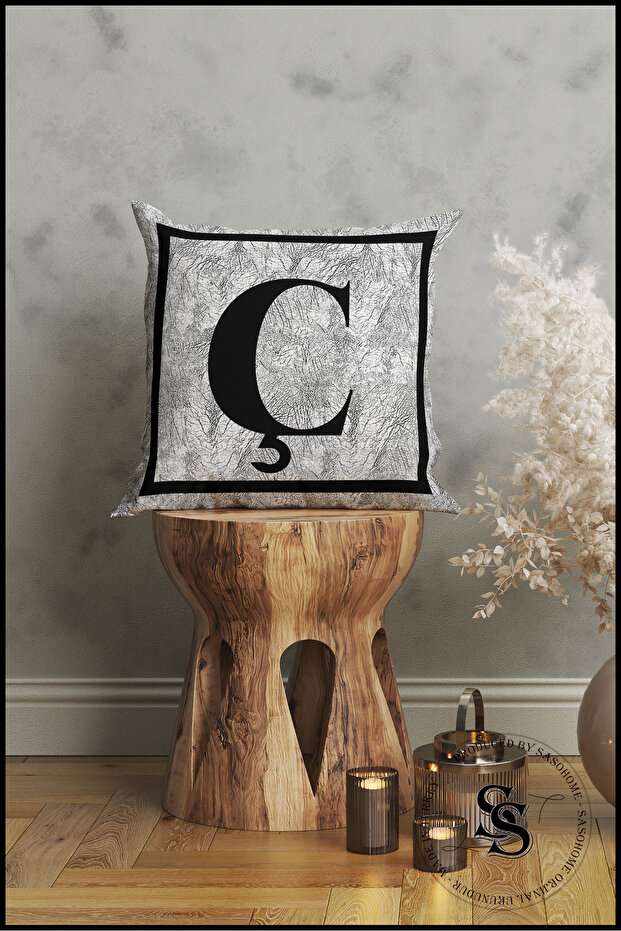 Gray Letter Cushion Pillow Case - Letter C - Gray Background Decorative Gift Cushion Pillow Case