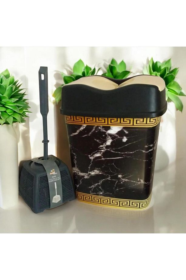 2Lİ AVANTAJ SET--10 LT ŞIK DEKORATİF SİYAH MERMER DESENLİ ÇÖP KOVASI VE TUVALET FIRÇASI - 1