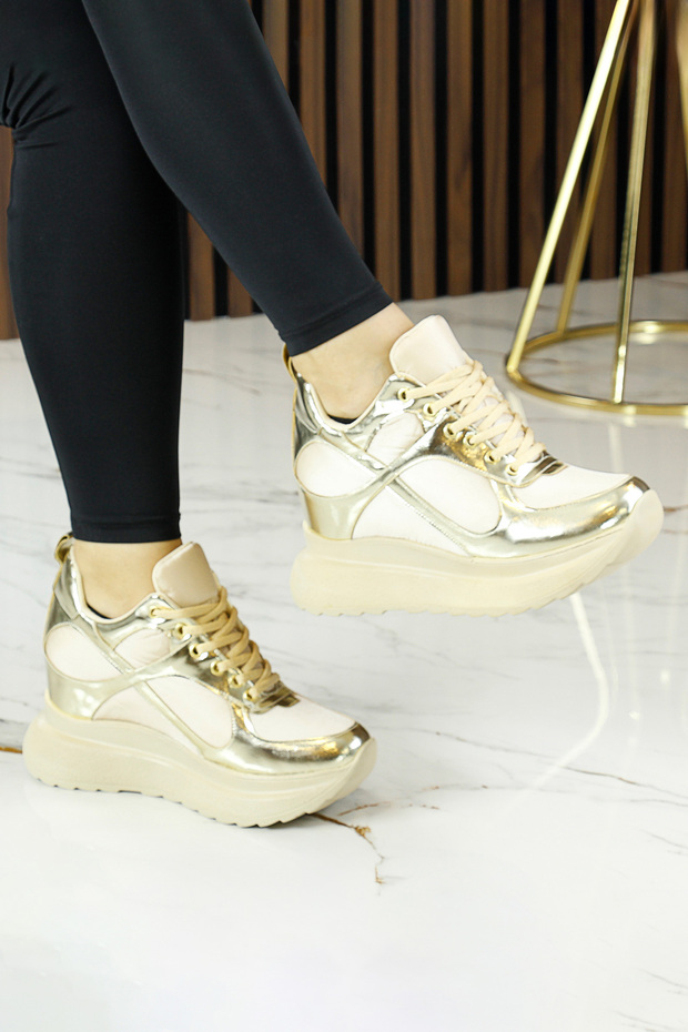 Aurelia Beige Gold Patent Leather Laced Hidden Padding Casual Shoes