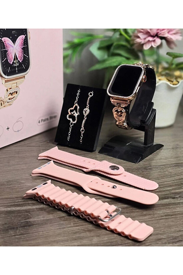 4 Kordonlu Bileklik Hediyeli Watch 10 Mini Premium Set Amoled Akıllı Saat Kadın Kol Saati - 2