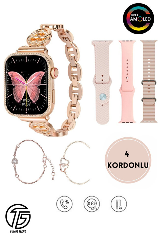 4 Kordonlu Bileklik Hediyeli Watch 10 Mini Premium Set Amoled Akıllı Saat Kadın Kol Saati - 1