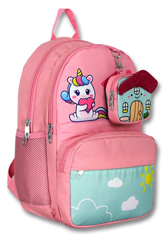 Cennec 5051 (Unicorn - Pembe Yeşil - Kız Çocuk) Okul Çantası - Sevimli Anahtarlık Dahil - 1