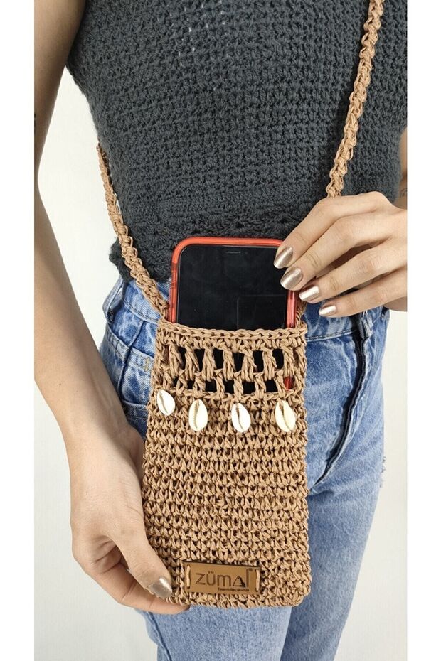 Luxury Hand Knitted Paper Rope Women's Shoulder Phone Bag (Color Cinnamon)