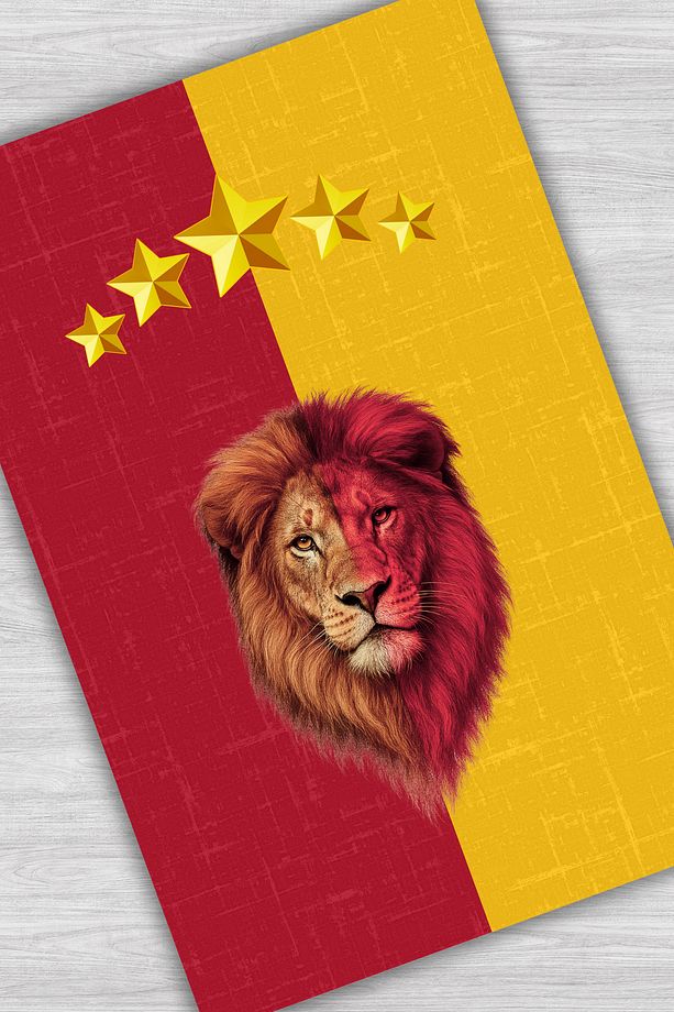 Aslan Desenli Sarı Kırmızı Taraftar Halısı Dijital Baskılı Dokuma Tabanlı Kaymaz Oturma Odası Halısı - 4