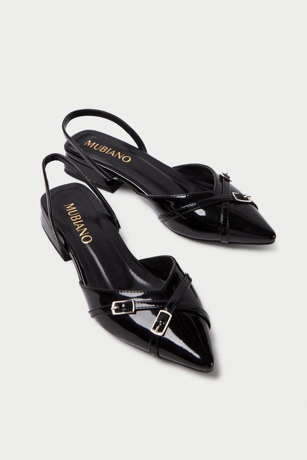 MBHRN650-S Women's Open Back Buckle Detail Patent Leather Black Shoes