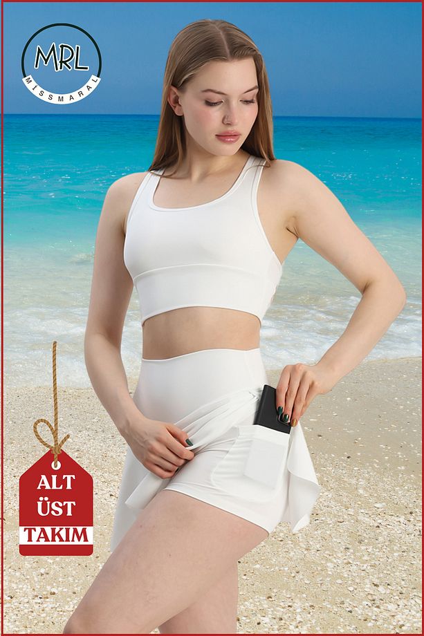 Kadın Alt-Üst Takım Şort & Crop Denizde Havuzda Sporda casual/ günlük Kullanım Ekru TK3107 - 3