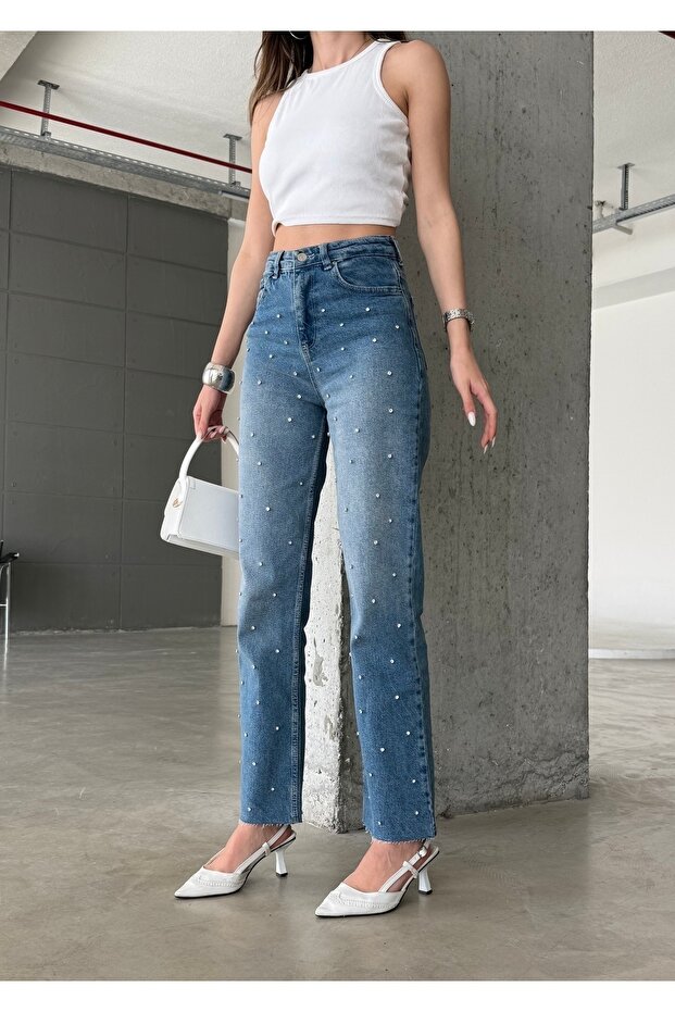 Women's Dark Blue Color Shiny Stone Wide Leg Special Design Denim Palazzo Pants