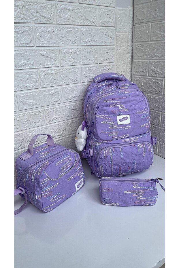 Relaxion 7 Compartment Backpack, 2 Compartment Thermal Lunch Box, Pen Holder, Plush Accessory School Set