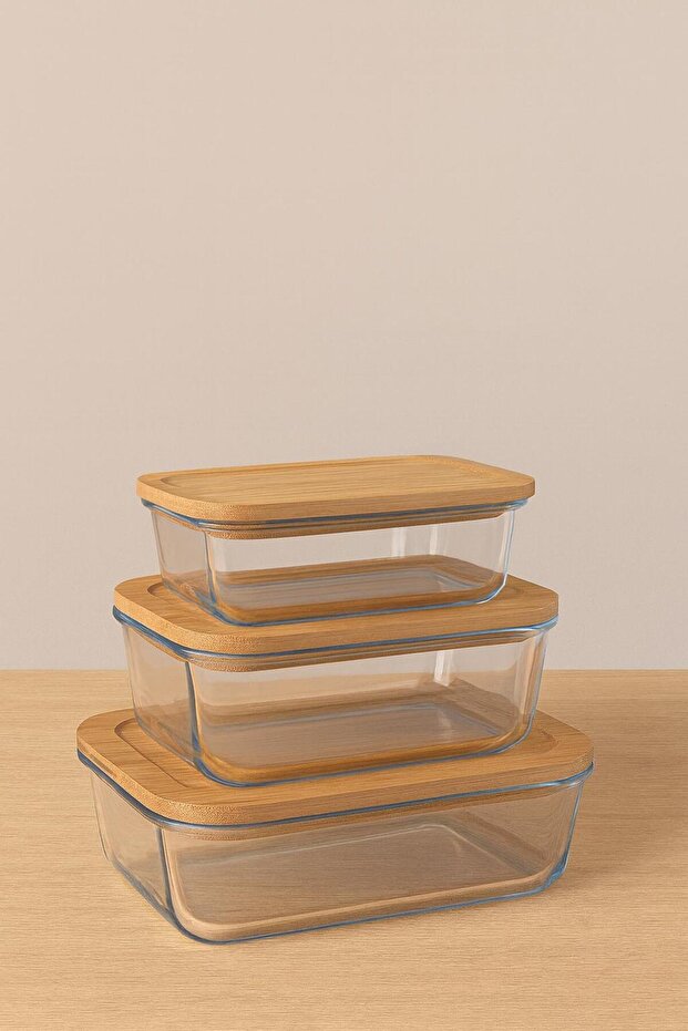 Set of 3 Lu Storage Containers (650ml 1000ml 1500ml)-Heat Resistant-Bamboo Leak Proof Lid