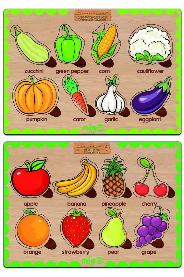 Wooden English Vegetables and Fruits Set of 2 Educational Puzzle