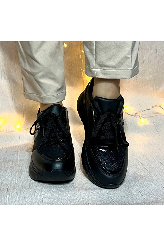 Kadın Siyah Simli Bağcıklı Spor Sneaker -Yüksek Hafif Taban - 4