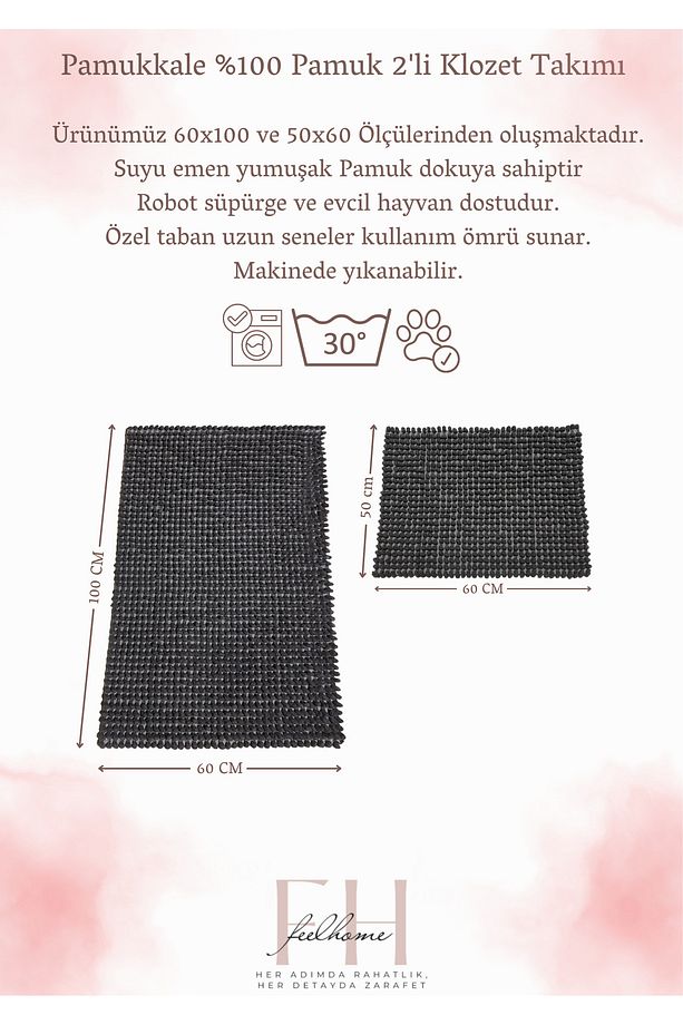 Pamukkale Yumuşacık, Süper Emici 2'li %100 Pamuk Ultra Lüks Banyo Paspası Seti Pembe - 4