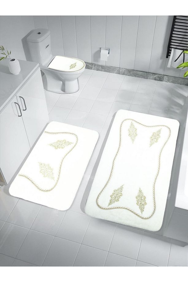 Marmaris Kaymaz Taban, Yumuşacık, Emici 3'lü Süper Lüks Dantel İşlemeli Banyo Paspası Beyaz - 1