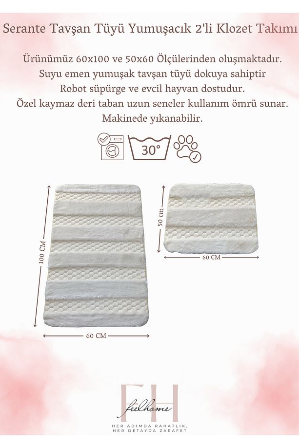 Serante Tavşan Tüyü, Kaymaz Taban, Pofuduk, Yumuşacık, Ultra Lüks, Yıkanabilir 2'li Banyo Paspası - 3