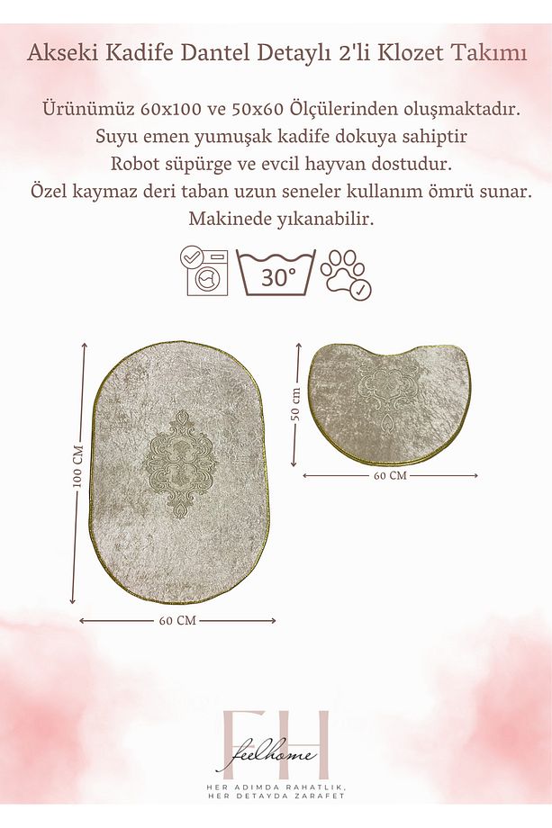 Akseki Kaymaz Taban, Emici, Kadife 2'li Süper Lüks Oval Banyo Paspası Seti Gri - 4
