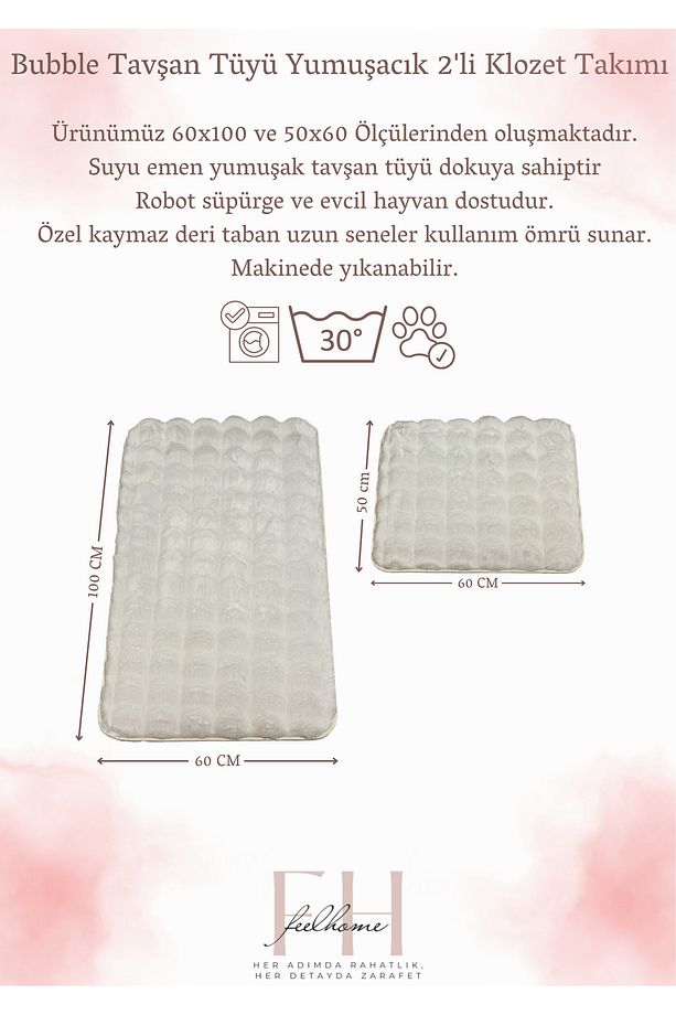 Bubble Tavşan Tüyü, Kaymaz Taban, Pofuduk, Ultra Lüks, Yıkanabilir 2'li Banyo Paspası Eskitme Gri - 4