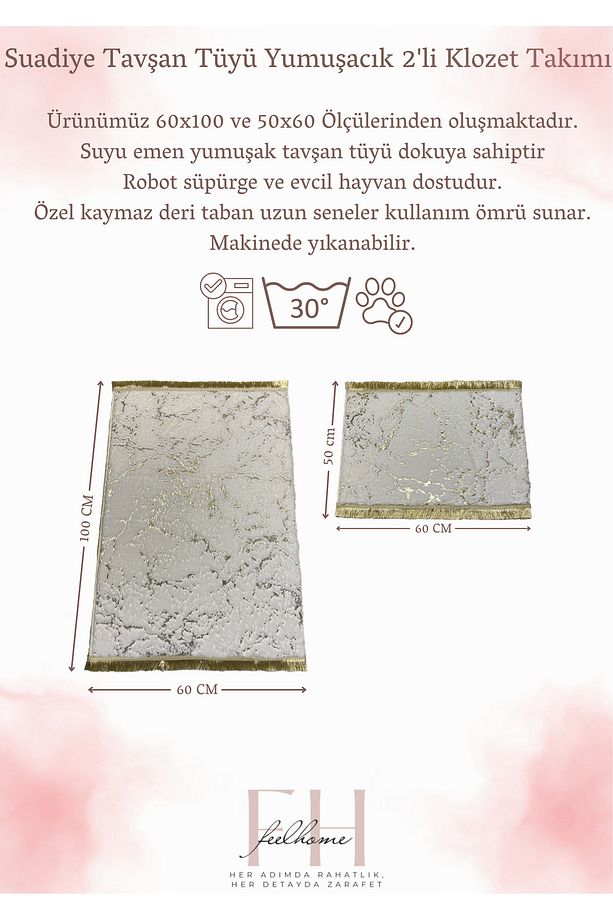 Suadiye, Tavşan Tüyü Yumuşacık, Kaymaz Taban, Emici 2'li Süper Lüks Simli Banyo Paspası Beyaz Gümüş - 4