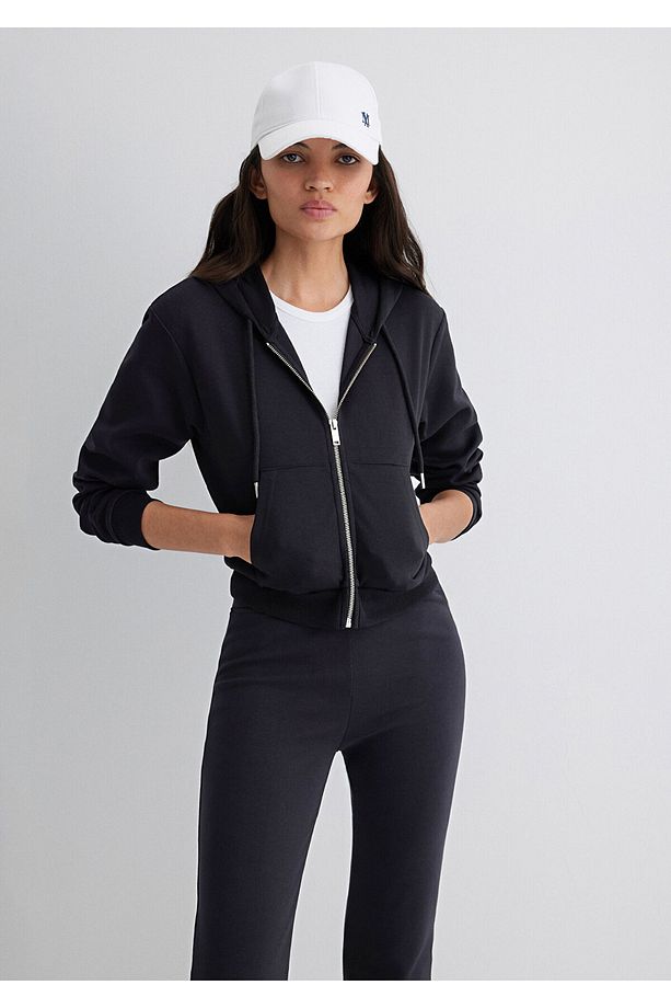 Kapüşonlu Siyah İnterlok Sweatshirt 1S10424-900 - 4