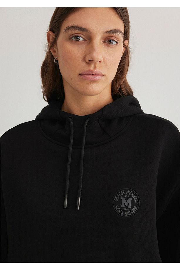 Patch Logo Kapüşonlu Siyah Crop Sweatshirt 1S10305-900 - 5