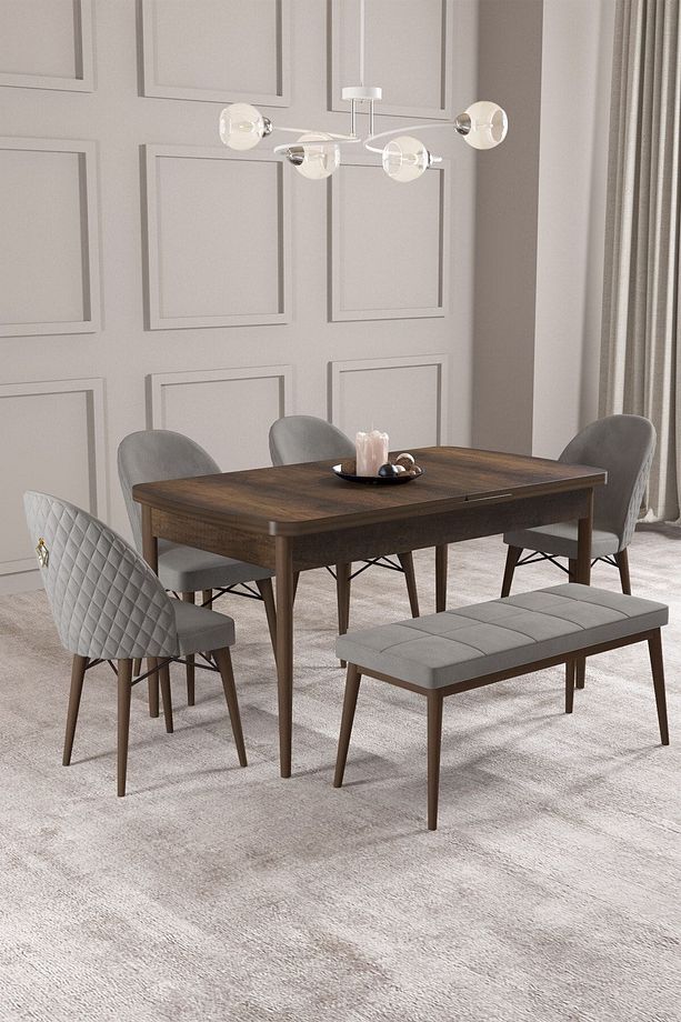 Calvin Barok 80x132 Açılabilir Mdf Masa Yemek Odası Takımı, Mutfak Takımı 4 Sandalye, 1 Bench - 1