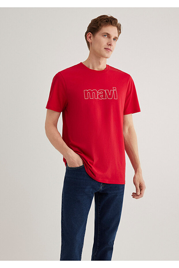 Červené tričko Slim Fit s potištěným logem -065781-34535 - 1