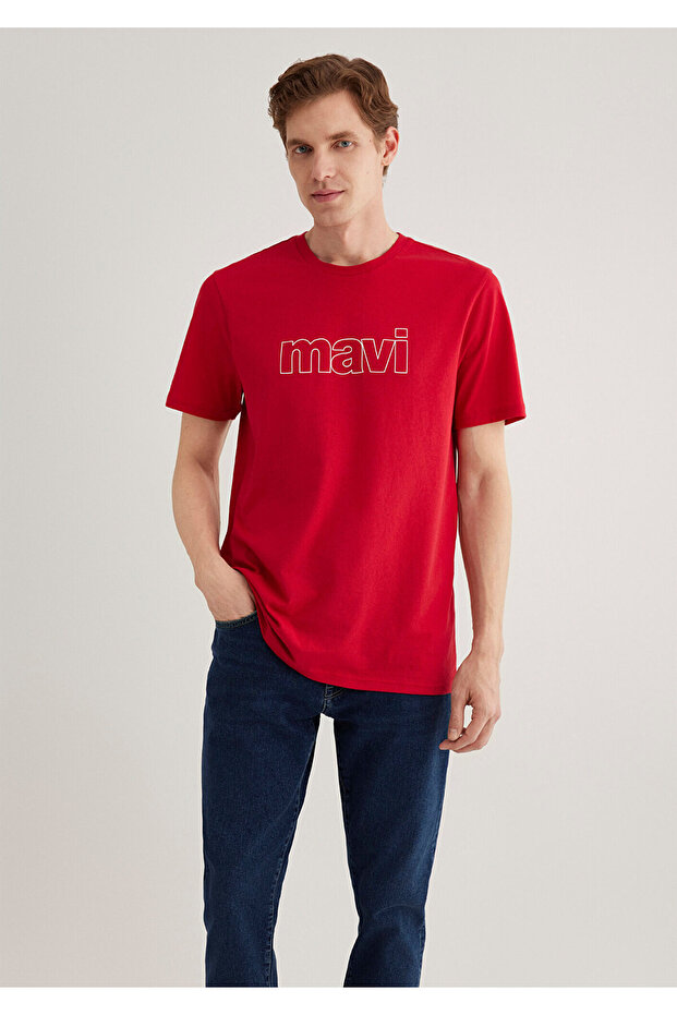 Červené tričko Slim Fit s potištěným logem -065781-34535 - 2