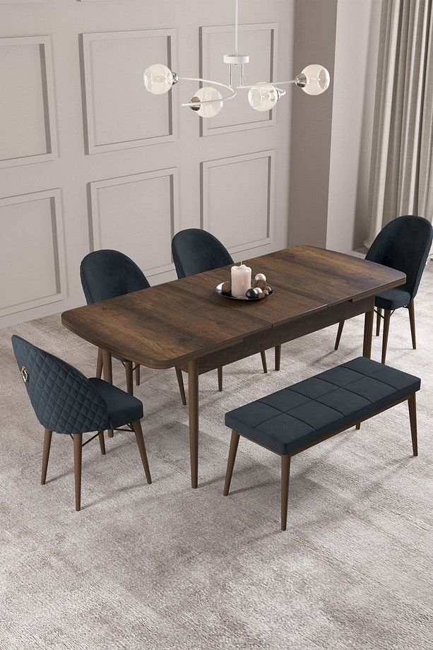 Calvin Barok 80x132 Açılabilir Mdf Masa Yemek Odası Takımı, Mutfak Takımı 4 Sandalye, 1 Bench - 2