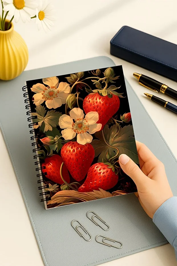 2'li Çizgisiz Defter Seti, A5 Boyutunda 50 Yaprak 100 Sayfa 2'li Set, Çilekli - 3