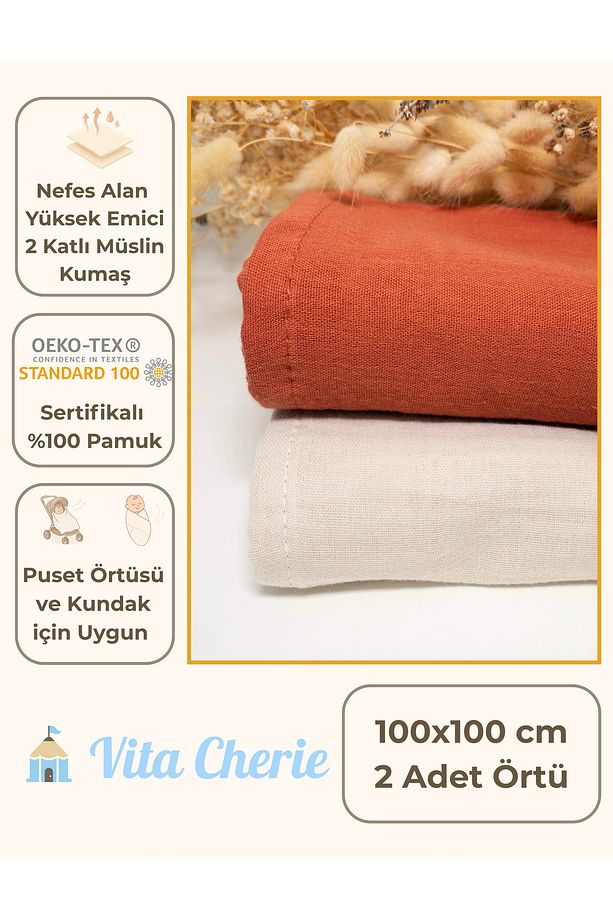 2’li Set Müslin Bebek Örtüsü | 100x100 Cm | %100 Pamuk | Kiremit & Bej | Hassas Ciltler Için - 1