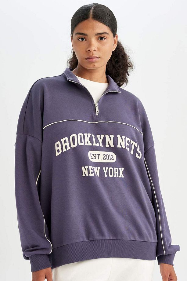 DeFactoFit NBA Brooklyn Nets Oversize Geniş Kalıp Yarım Fermuarlı Dik Yaka Sweatshirt C8246AX24AU - 1