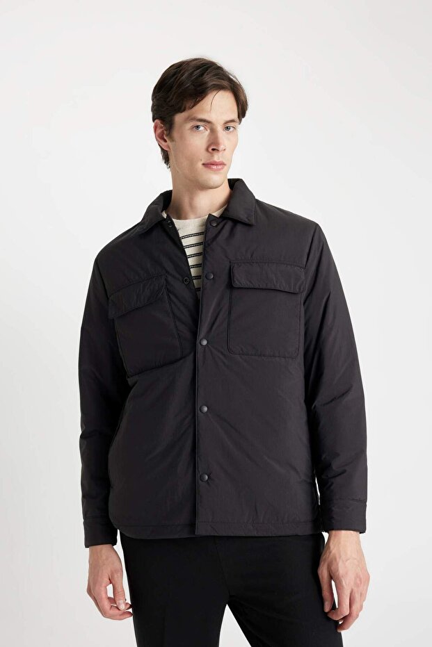 Black Slim Fit Shirt Collar Puffer Coat with Pockets and Snap Closure 3136097