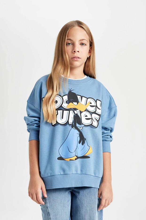 Girl's Blue Looney Tunes Printed Oversize Wide Fit Crew Neck Sweatshirt 3161022