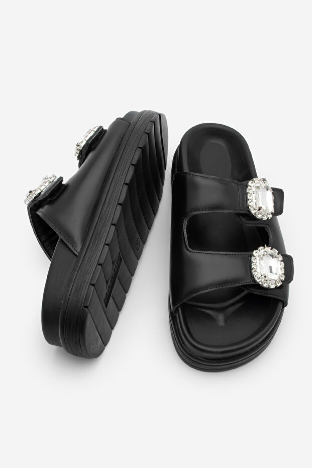 Жіночі камінні тапочки Naviva чорні щоденні з подвійною стрічкою та товстою підошвою - 8