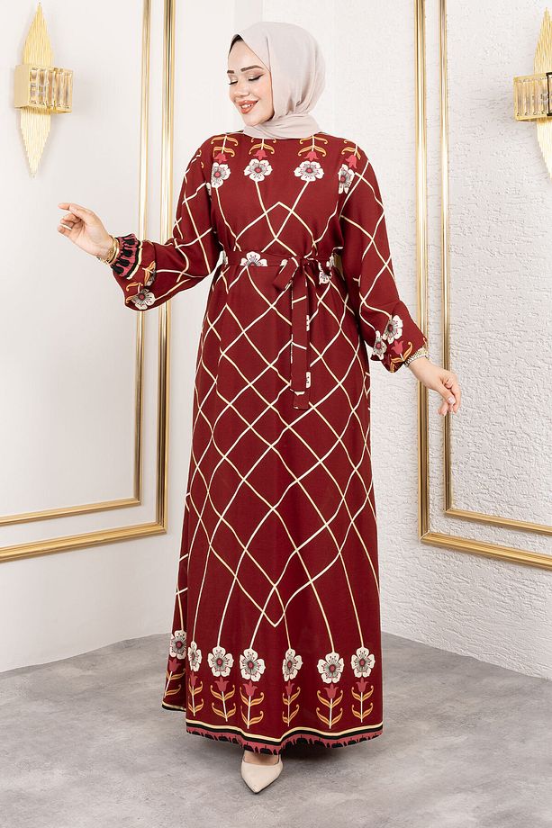 Baklava Desenli Çiçekli Viskon Elbise TSD250203 Bordo - 3