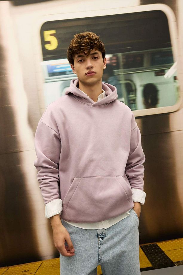 Oversize Geniş Kalıp Kapüşonlu Kanguru Cepli Basic Düz Sweatshirt A4331AX24AU - 1