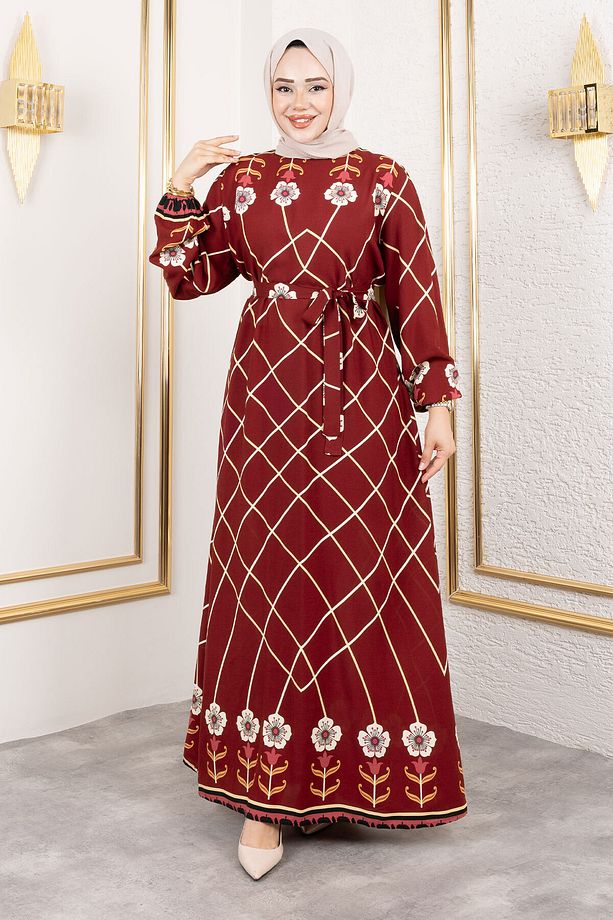Baklava Desenli Çiçekli Viskon Elbise TSD250203 Bordo - 4