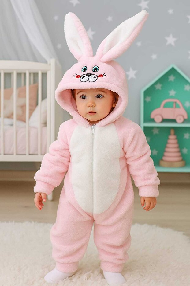 Girl's Welsoft Plush Pink Rabbit Ears Costume Winter Jumpsuit Sleeping Bag