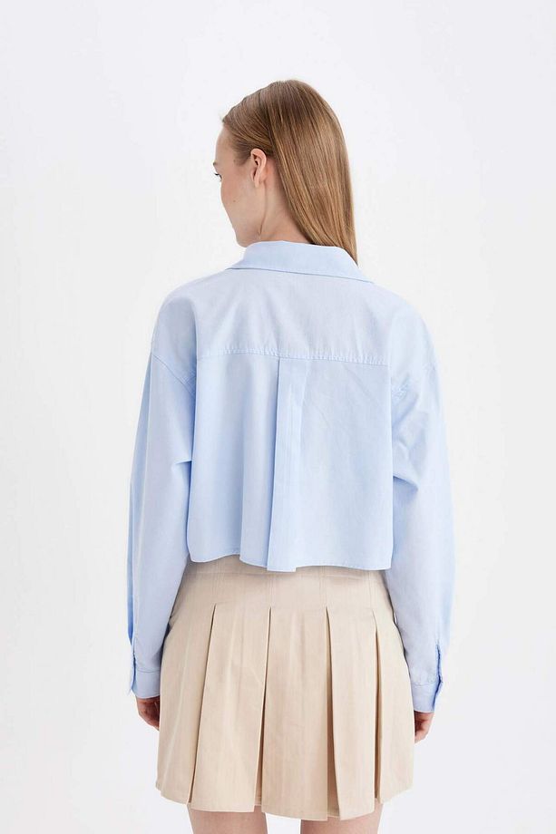 Coool Oversize Geniş Kalıp Basic Düz Cepli Oxford Uzun Kollu Crop Gömlek D4031AX24AU - 6