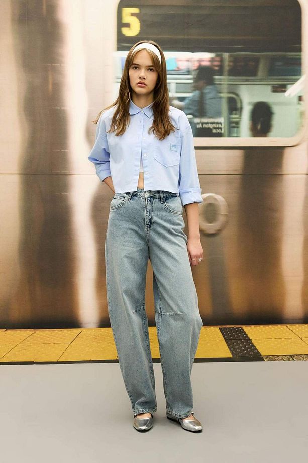 Coool Oversize Geniş Kalıp Basic Düz Cepli Oxford Uzun Kollu Crop Gömlek D4031AX24AU - 7
