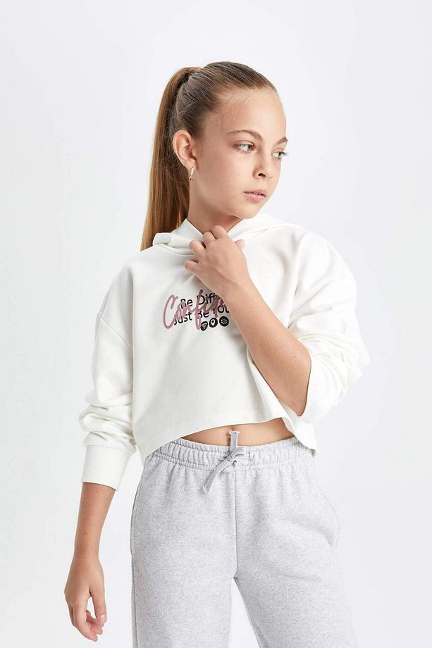 Kız Çocuk Oversize Geniş Kalıp Crop Kapüşonlu Baskılı Sweatshirt D0314A824AU - 4