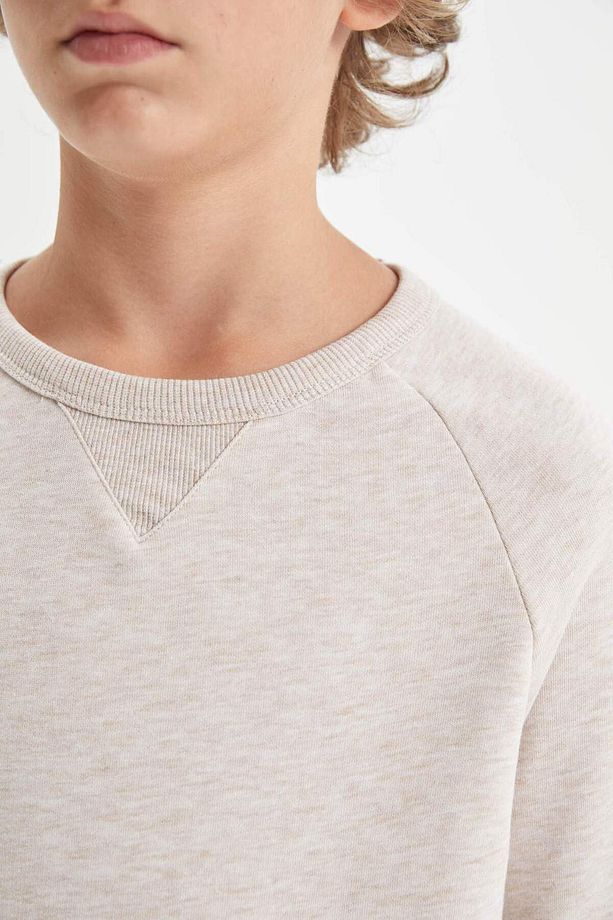 Erkek Çocuk Bej Bisiklet Yaka Basic Düz Okul Sweatshirt C7566A824AU - 5