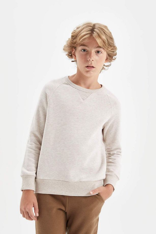 Erkek Çocuk Bej Bisiklet Yaka Basic Düz Okul Sweatshirt C7566A824AU - 4
