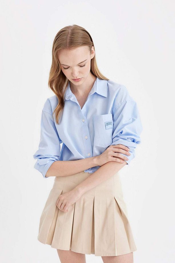 Coool Oversize Geniş Kalıp Basic Düz Cepli Oxford Uzun Kollu Crop Gömlek D4031AX24AU - 4