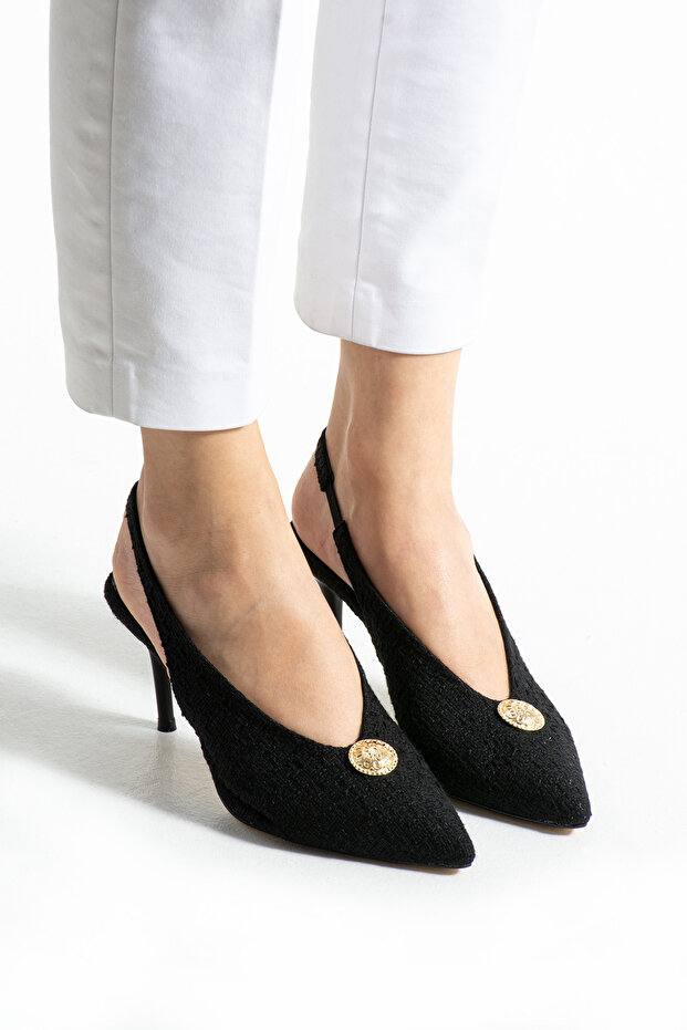 Siyah Kumaş Dokulu Slingback İnce Topuklu Tokalı Stiletto Kadın Ayakkabı Şık Rahat Zarif Model - 5