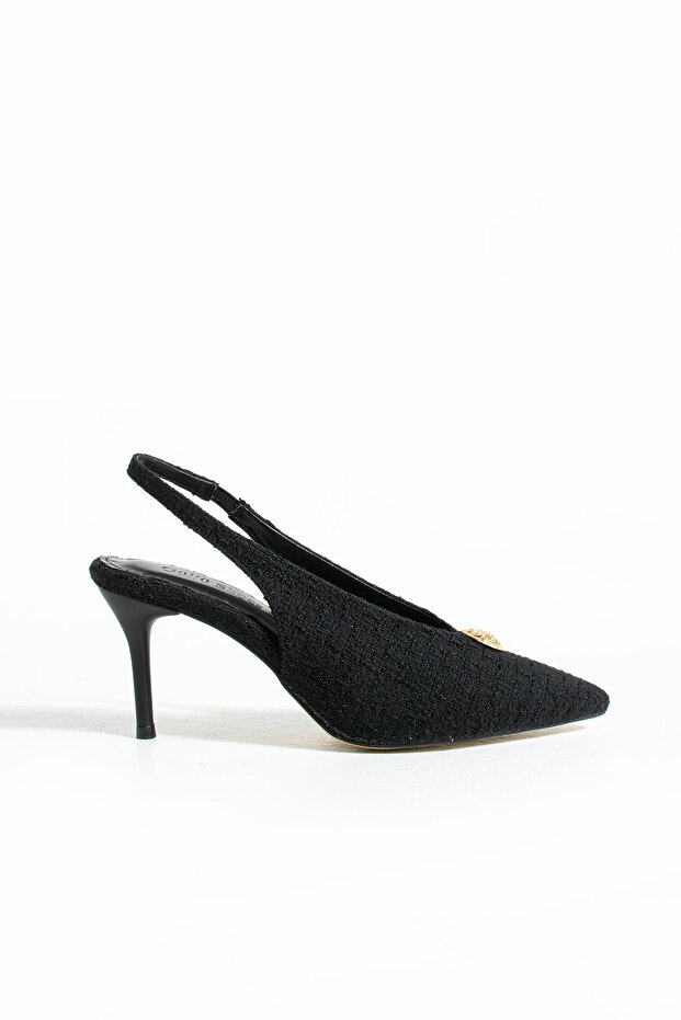 Siyah Kumaş Dokulu Slingback İnce Topuklu Tokalı Stiletto Kadın Ayakkabı Şık Rahat Zarif Model - 6