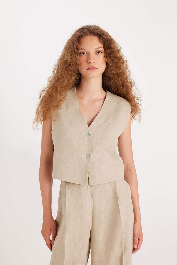 Manuka x %100 Keten V Yaka Basic Düz Blazer Yelek D4391AX24HS - 4