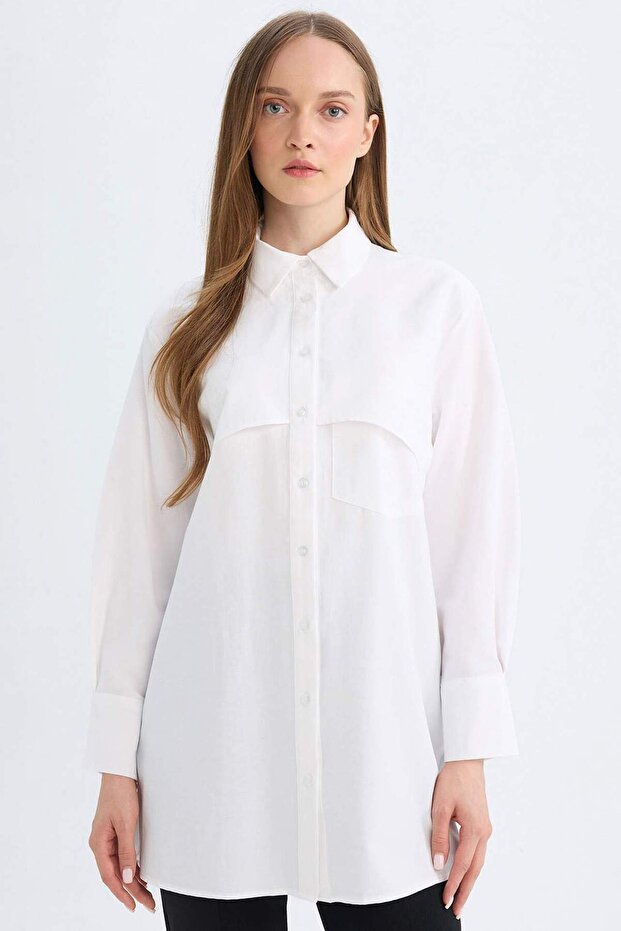 Relax Fit Shirt Collar Poplin Basic Plain Long Sleeve White Shirt Tunic D4773Ax24Au